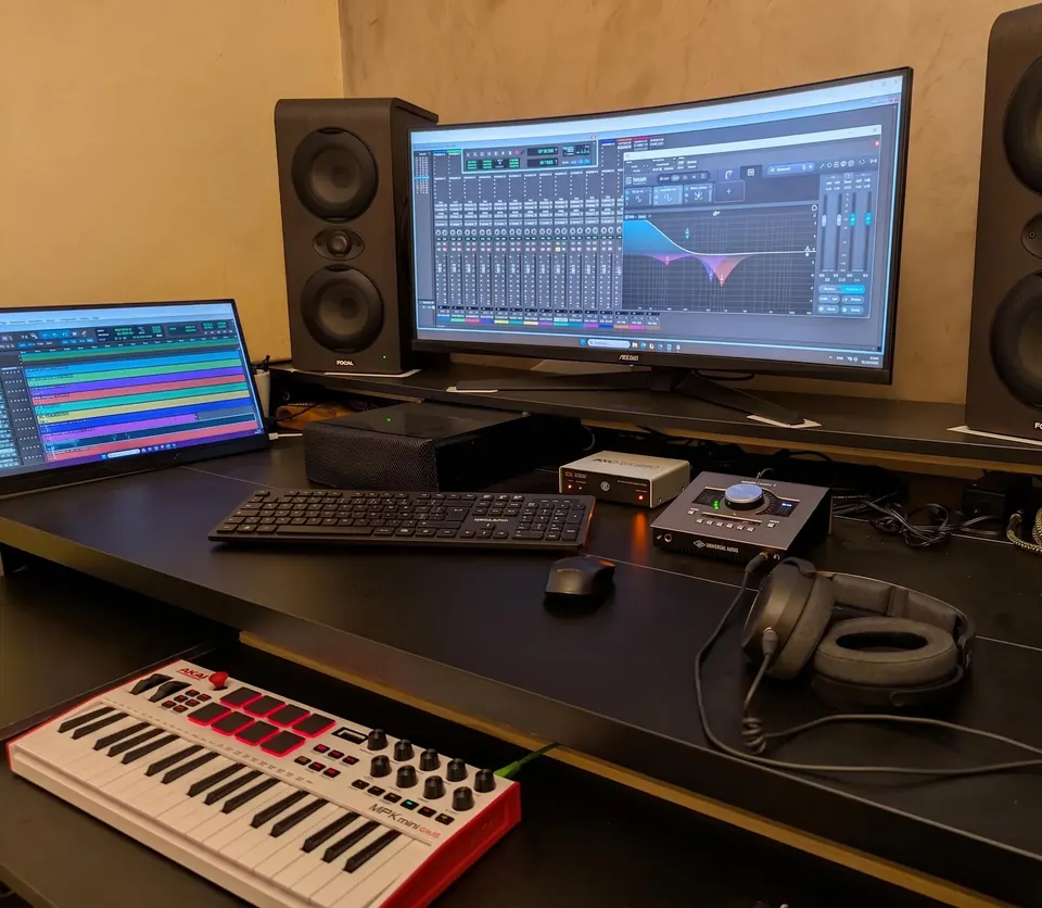 Session d'enregistrement du studio itinérant Toubabprod : micros, casques et interfaces installés dans le local de répétition d'un groupe